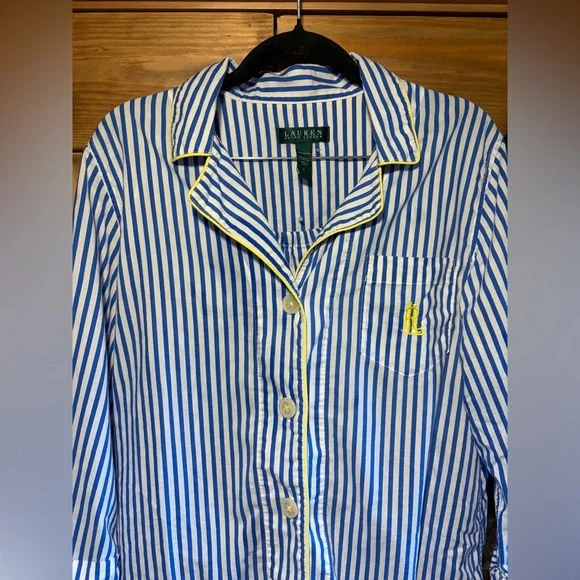 Lauren Ralph Lauren Blue and White Striped with Yellow Trim Pajamas Size Large - Picture 4 of 11